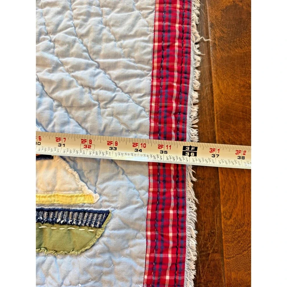 Pottery Barn Kids Quilt Blue 48x36 Embroidered Cotton Sailboat Nursery Throw